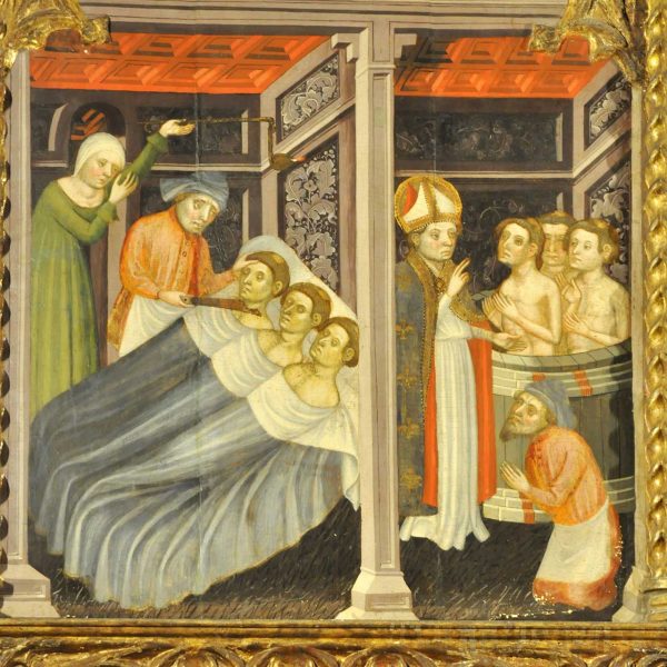 Manresa.- Basílica gòtica de Santa Maria - Detall del retaule de Sant Miquel i Sant Nicolau de Jaume Cabrera (12/2013)