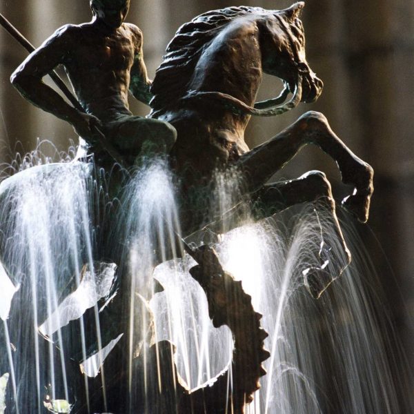 Barcelona.- Catedral de la Santa Creu. Brollador de Sant Jordi del S. XV al claustre. La imatge del Sant va ser feta per Emili Colom el 1970 (10/2002)