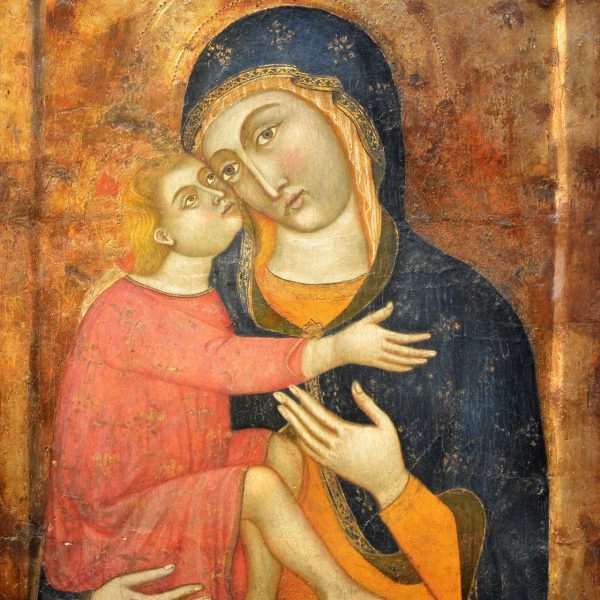 Barcelona.- Església del Monestir de Sta. Maria de Valldonzella - Taula de la Mare de Déu del Cor del S. XIV pintada sobre fusta i pergamins reutilitzats del S. XI (3-2015)