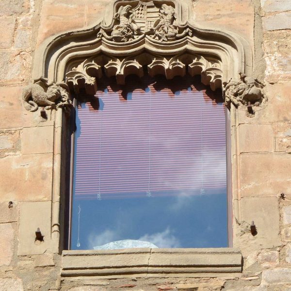 Barcelona.- Casa de l'Ardiaca, forma un conjunt amb la casa del Degà. Finestres del S. XVI procedents d'altres edificacions (11/2014)