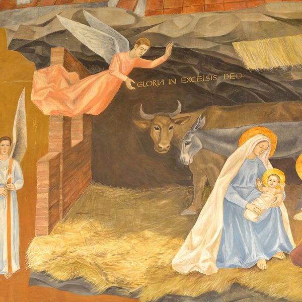 Montblanc.- Santuari Mare de Déu de la Serra, S. XIV. Vista del presbiteri amb pintures a l’absis d’Ismael Balenyà. (7/2015)