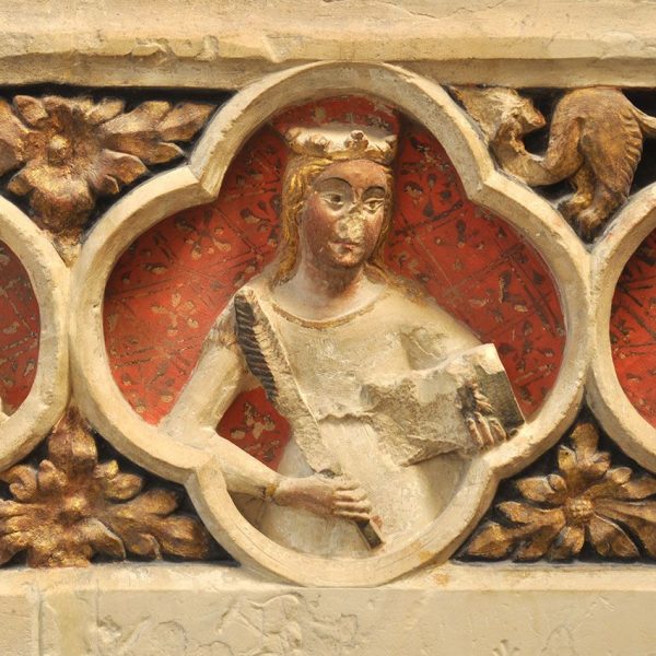 Montblanc.- Església gòtica de Santa Maria S. XV. Detall del retaule de pedra policromat de S. Bernat i Sant Bernabé, S. XIV (3/2014)