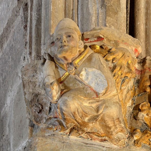 Montblanc.- Església de Sant Miquel, d'estil romànic/gòtic del S. XIII. Mènsules policromades, S. XIV/XV de les arcades de les columnes (7/2015)