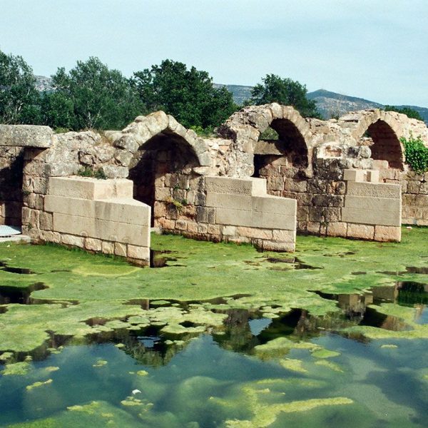 Montblanc.- Molí de les Voltes format per quatre molins moguts per força hidràulica – Vista de la bassa proveïdora d’aigua (5/1995)