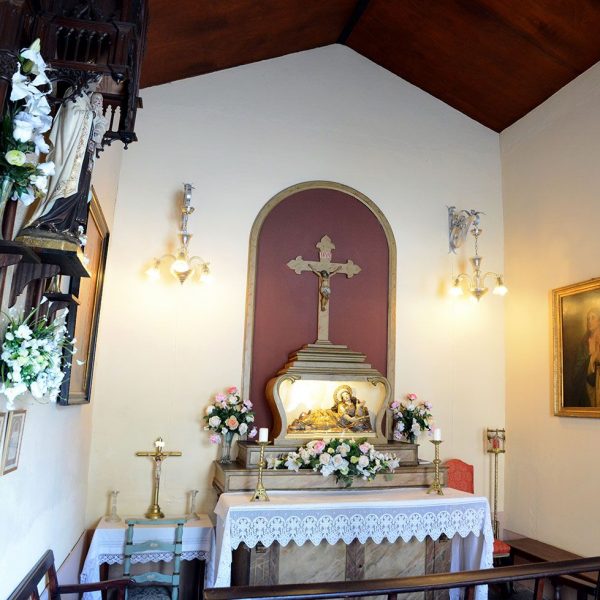 Olot.- Capella de Santa Magdalena originària del S. XV però refeta en el XX. Vista de l'interior destacant l'imatge de la Santa del S. XII/XVIII (5/2017)