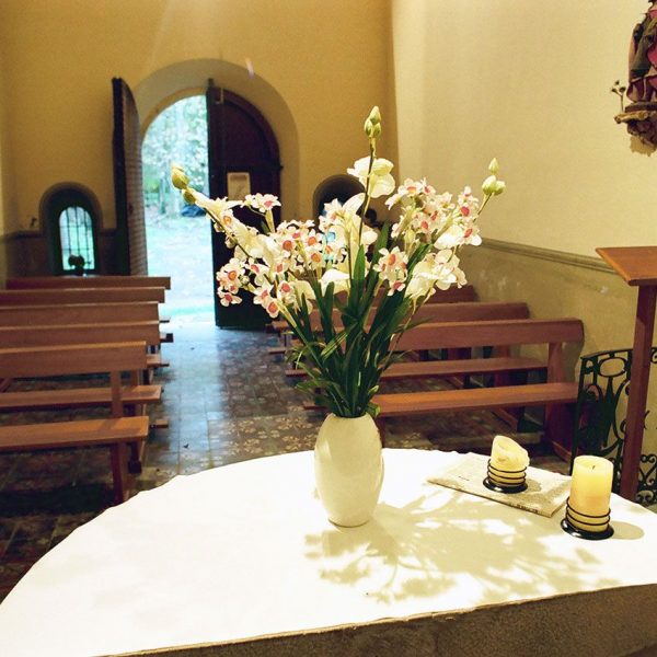 Olot.- Capella de la Salut d'estil historicista del S. XIX. Vista del fons de la nau (12/2001)