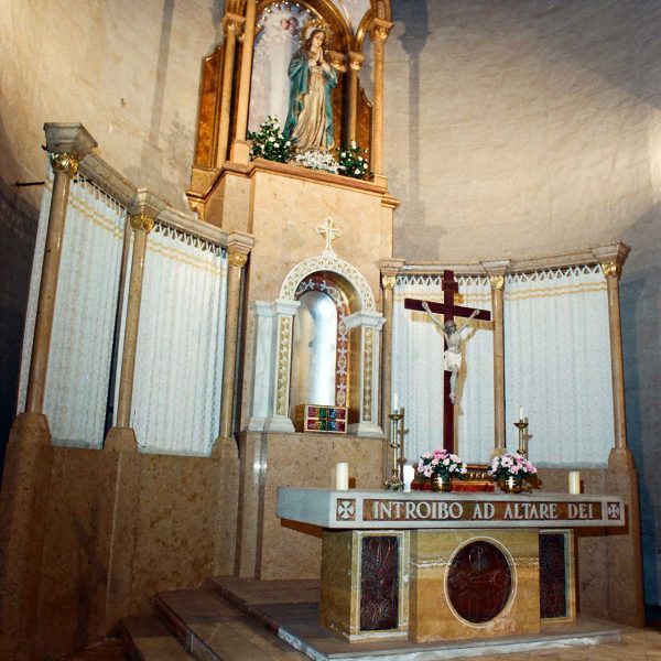 Olot.- Escoles Pies, d'estil historicista del S. XIX/XX. Capella de l'escola. Vista del presbiteri i del retaule (5/1996)