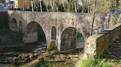 Olot.- Pont de Sant Roc del S. XIX sobre el riu Fluvià al parc d'aquest nom. Està format per tres arcades amb la central de més volada (2/2017)