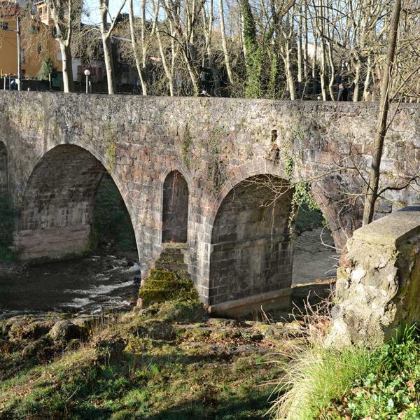 Olot.- Pont de Sant Roc del S. XIX sobre el riu Fluvià al parc d'aquest nom. Està format per tres arcades amb la central de més volada (2/2017)