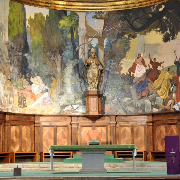 Girona.-Església de Sant Martí Sacosta d'estil barroc, S. XVI. Vista de les pintures al fresc de l'absis del pintor Guillem Soler Gatvillaró (4/2014)