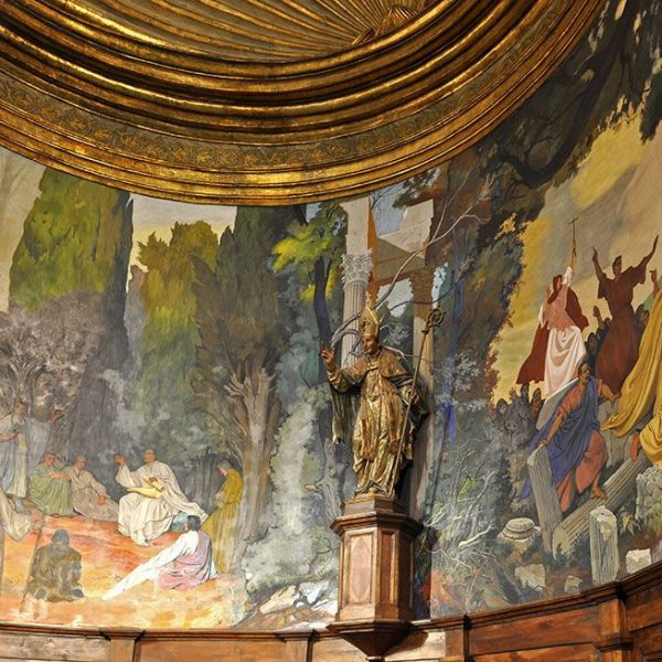 Girona.-Església de Sant Martí Sacosta d'estil barroc, S. XVI. Vista de les pintures al fresc de l'absis del pintor Guillem Soler Gatvillaró (4/2014)