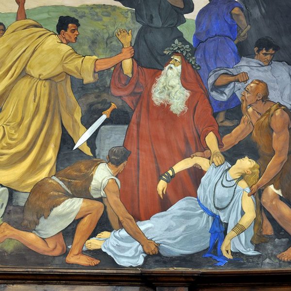 Girona.-Església de Sant Martí Sacosta d'estil barroc, S. XVI. Vista de les pintures al fresc de l'absis del pintor Guillem Soler Gatvillaró (4/2014)