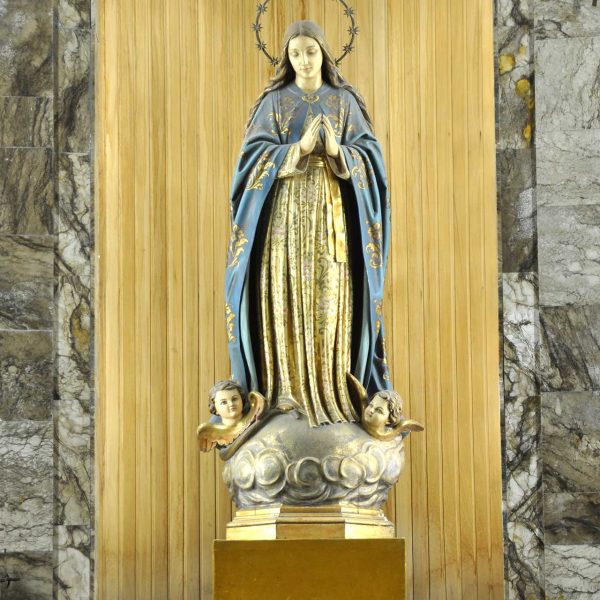 Girona.-Església de Sant Martí Sacosta d'estil barroc, S. XVI. Vista de la imatge de la Immaculada Concepció presidint la capella del seu nom (4/2014)