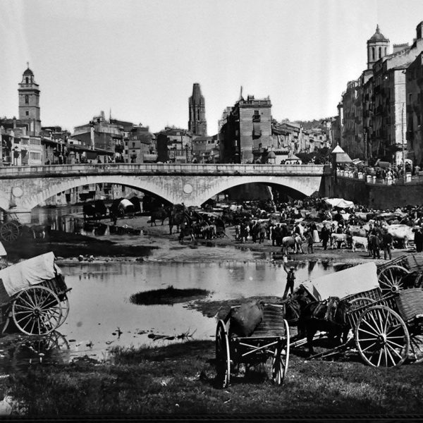 Girona.- Mercat de bestiar durant els anys 20 del S. XX sota el pont de pedra en una fotografia d’autor desconegut (2/2014)