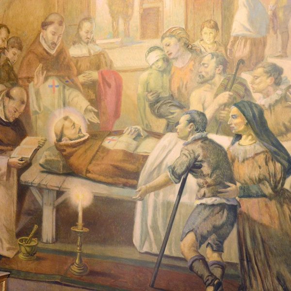 Vic.- Casa natal de Sant Miquel dels Sants. Habitació/Oratori del seu naixement. Pintures del presbiteri de Llucià Costa, S. XX (7/2018)