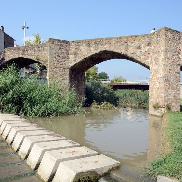 Vic.- Pont gòtic del Remei, S. XIV de cinc arcades amb trencaigües triangulars als pilars. Havia tingut un oratori dedicat a la Mare de Déu del Remei (7/2018)