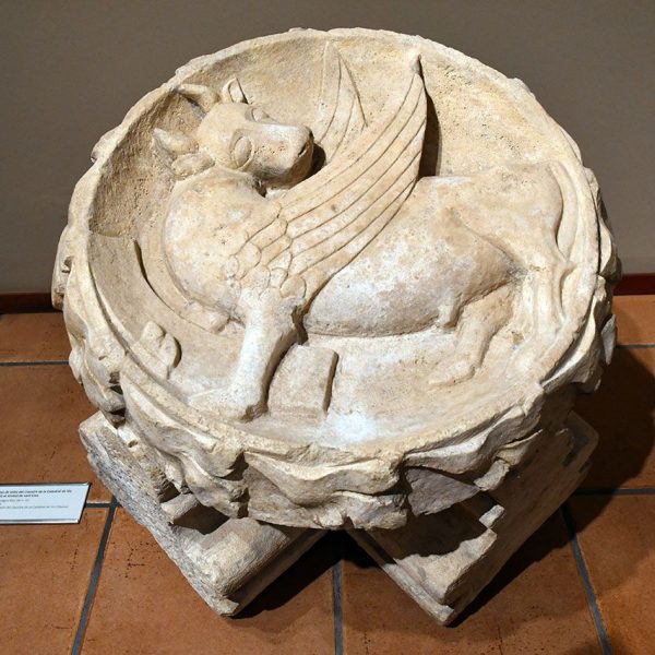 Vic.- Catedral de Sant Pere, S. XVIII/XIX. Clau de volta del claustre amb el símbol de Sant Lluc del S. XIV (7/2020)