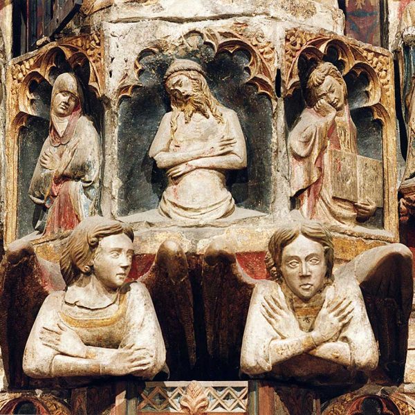 Lleida.- Església de Sant Llorenç, S. XII. Detalls del retaule de pedra policromada del S. XIV amb escenes de la vida de Sant Llorenç de Bartomeu de Robió (5/2000)