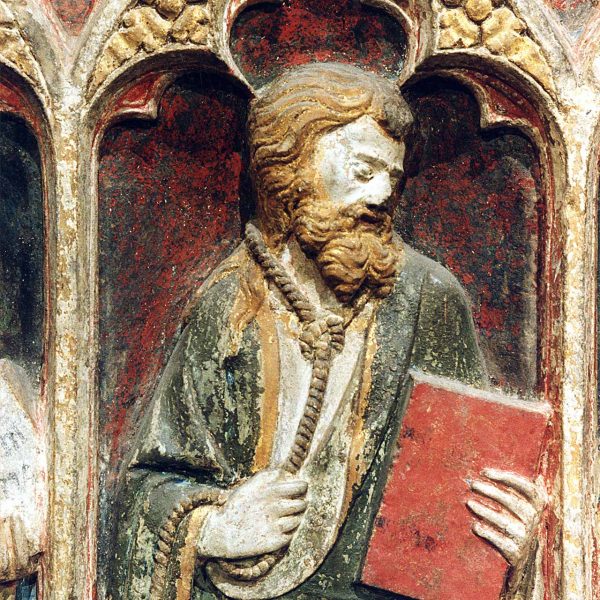 Lleida.- Església de Sant Llorenç, S. XII. Detalls del retaule de pedra policromada del S. XIV amb escenes de la vida de Sant Llorenç de Bartomeu de Robió (5/2000)