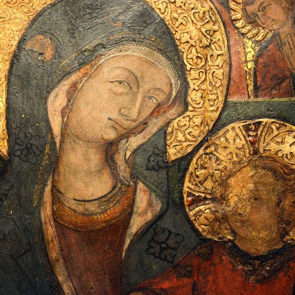 Lleida.- Església de Sant Llorenç, S. XII. Detall de la taula de la Mare de Déu amb el Nen i Àngels (1330-1345) (Museu de Lleida) (9/2018)