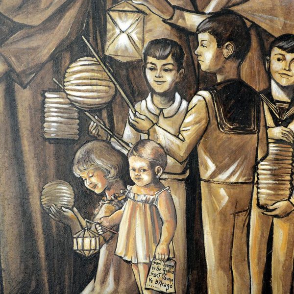 Lleida.- Capella de S. Jaume o Peu del Romeu. Detall de la pintura mural on uns nens al costat d'uns àngels il·luminen a S. Jaume traient-se una punxa del peu (9/2018)