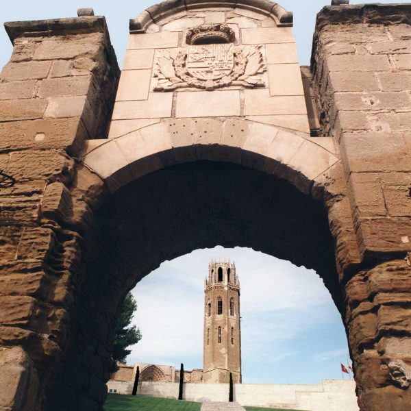 Lleida.- Castell del Rei amb un conjunt de fortificacions dels S. XIII a XIX. Porta de llevant o Porta del Lleó que té al damunt l'escut dels Borbons i la figura d'un lleó (5/1996)