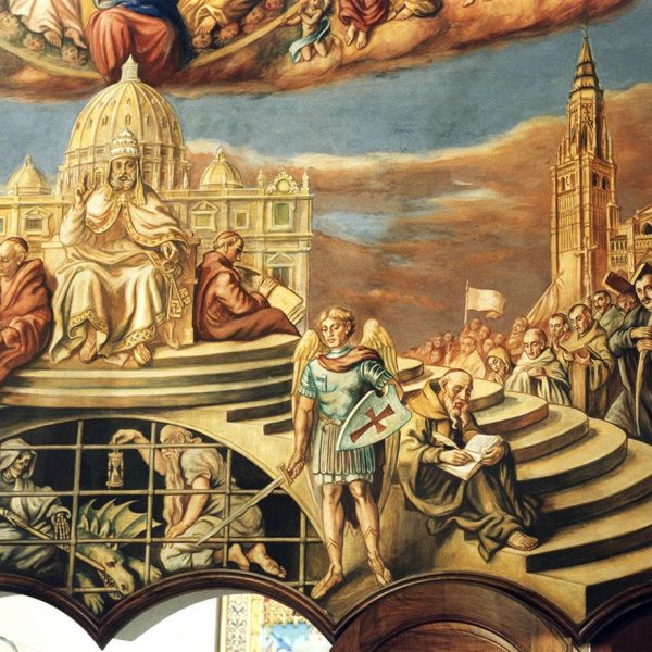 Lleida.- Palau Episcopal. Pintures murals de l'any 1953 del pintor Juan Antonio Escartín que narren al·legories sobre l'església i la religió (4/2000)