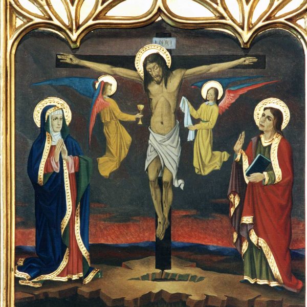 Lleida.- Palau Episcopal. Retaule de la capella amb la imatge central de la predel·la representant el Calvari (4/2000)