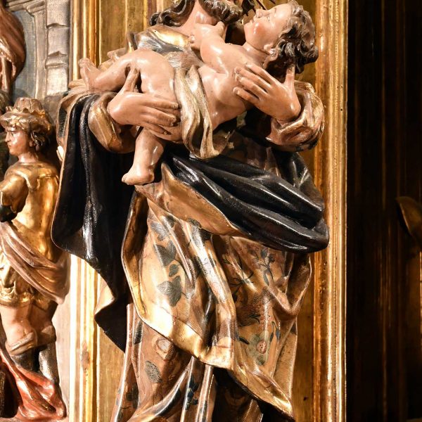 Lleida.- Hospital gòtic de Santa Maria, S. XV/XVI. Imatge que decora el retaule barroc de Francesc Escarpenter del 1738 (9/2020)