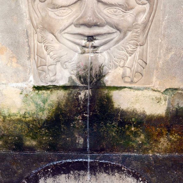 Lleida.- Font del Roser, neoclàssica de l'any 1830. Brollador en forma de carota grotesca amb pica semiesfèrica (9/2018)