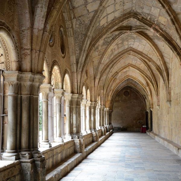 Tarragona.- Catedral de Santa Maria. Claustre dels S. XII/XIII format per trams d’arcs ogivals on hi ha inscrits tres arcs de mig punt sobre dobles columnes (12/2017)
