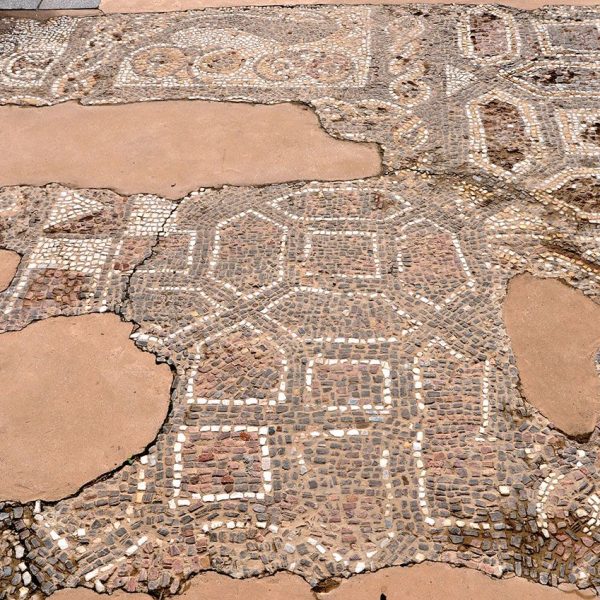 Terrassa.- Església romànica de Santa Maria - Mosaic dels S. IV/V de l’antiga catedral que va quedar a l’exterior al reduir-se la mida de l’actual església (10/2012)