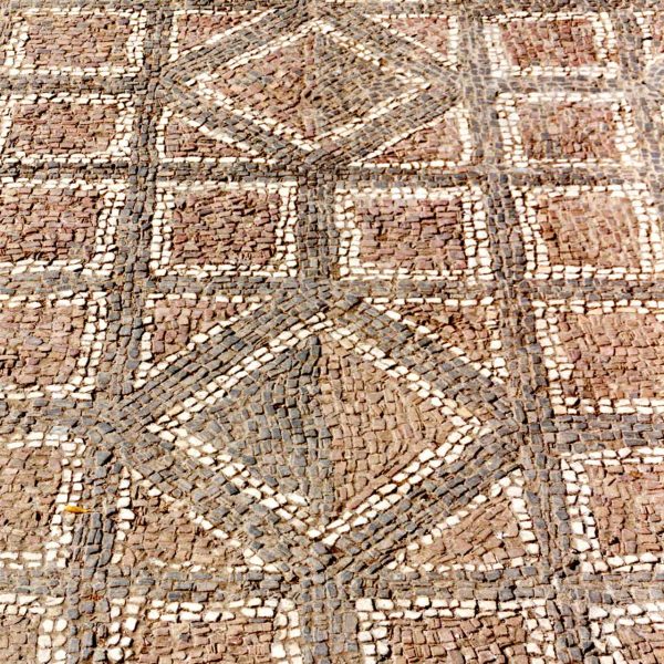 Terrassa.- Església romànica de Santa Maria - Mosaic dels S. IV/V de l’antiga catedral que va quedar a l’exterior al reduir-se la mida de l’actual església (10/2012)