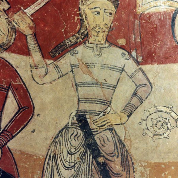 Terrassa.- Església romànica de Santa Maria, S. XII – Absidiola del transsepte amb pintures murals de l’any 1180 sobre el martiri de Sant Tomàs Becket (6/1997)
