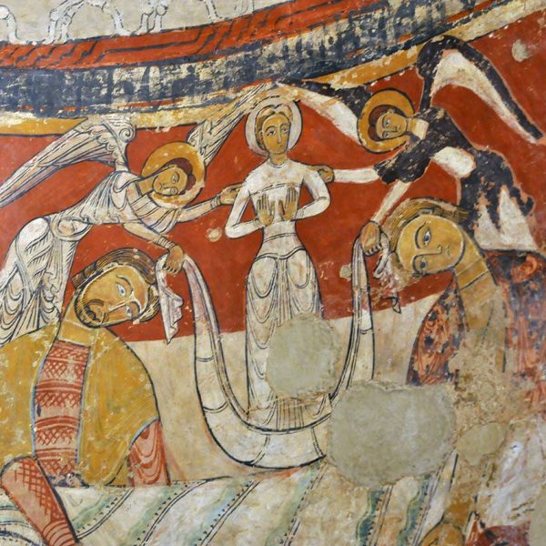 Terrassa.- Església romànica de Santa Maria, S. XII – Absidiola del transsepte amb pintures murals de l’any 1180 sobre el martiri de Sant Tomàs Becket (10/2012)