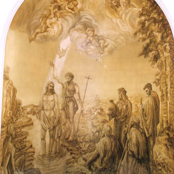 Terrassa.- Església de la Sagrada Família beneïda l’any 1951 – Capella baptismal situada a l’atri amb unes pintures murals relatives al baptisme de Jesús (11/2008)