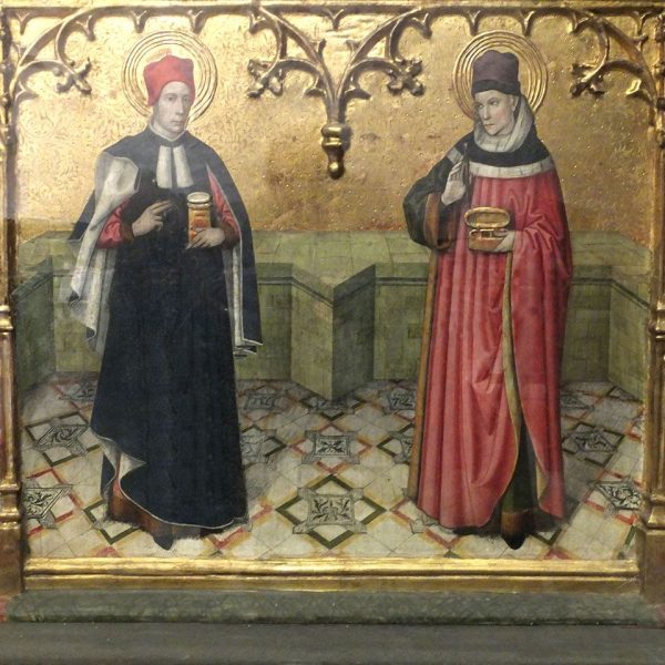 Terrassa.- Església romànica de Sant Pere – Detall del retaule dels Sants Abdó i Senén, S, XIV de Jaume Huguet exposat actualment a l’església de Santa Maria (10/2012)