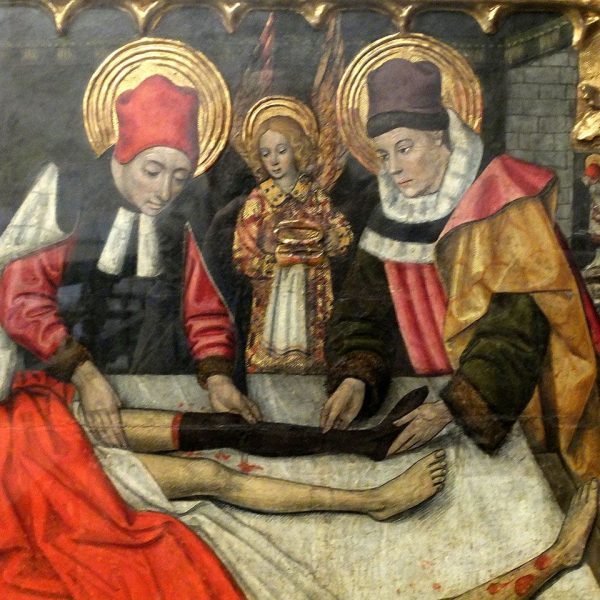Terrassa.- Església romànica de Sant Pere – Detall del retaule dels Sants Abdó i Senén, S, XIV de Jaume Huguet exposat actualment a l’església de Santa Maria (10/2012)