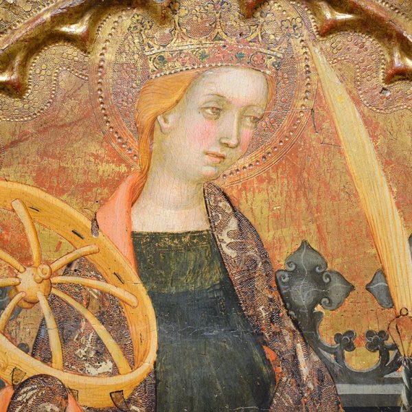 Terrassa.- Detall del retaule de Santa Caterina d’Alexandria i Jesucrist de Lluis Borrassà, S. XV possiblement originària d’alguna de les esglésies de Sant Pere (MNAC) (10/2017)
