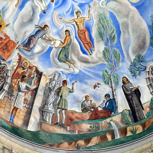 Barcelona.- Palau Nacional construït entre 1926/1929.- Vista de la cúpula principal amb frescos de Francesc d’Assís Galí on es va plasmar la religió, la ciència, les Belles Arts i la Terra (6/2024)