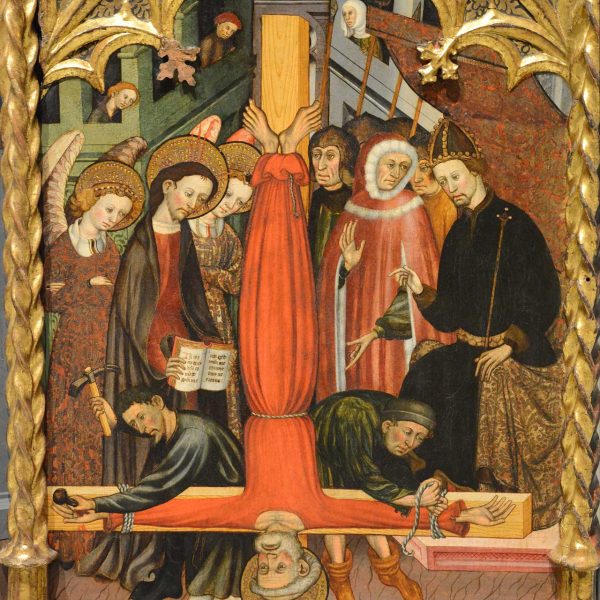 La Seu d’Urgell.- Església de S. Miquel – Detall del retaule gòtic del S. XV dedicat a Sant Miquel i Sant Pere pintat per Bernat Despuig i Jaume Cirera (MNAC) (10/2017)