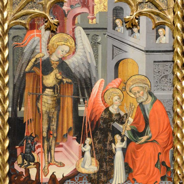 La Seu d’Urgell.- Església de S. Miquel – Detall del retaule gòtic del S. XV dedicat a Sant Miquel i Sant Pere pintat per Bernat Despuig i Jaume Cirera (MNAC) (10/2017)