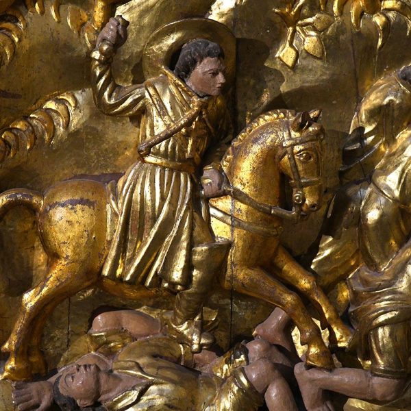 La Seu d’Urgell.- Catedral de Santa Maria, S. XII – Retaule de Sant Ermengol, S. XVI/XVIII – Detall de la taula de la Conquesta de Guissona (4/2022)