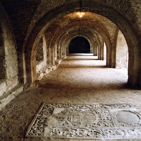 Vic.- Catedral de Sant Pere del 1803 – Claustre inferior romànic del S. XII d’aspecte massís cobert amb voltes de canó que suporta el claustre gòtic del damunt (8/1988)