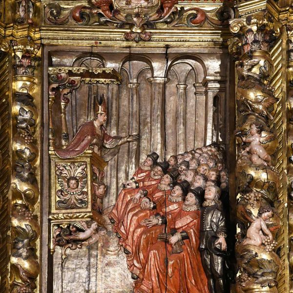 Barcelona.- Catedral de la Santa Creu i Santa Eulàlia – Retaule barroc de Sant Sever de l’any 1683 – Escena de la predicació de Sant Sever (1/2026)