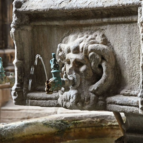 Barcelona.- Catedral de la Santa Creu i Santa Eulàlia – Decoració d’una de es cares de la font del S. XV (10/2002)