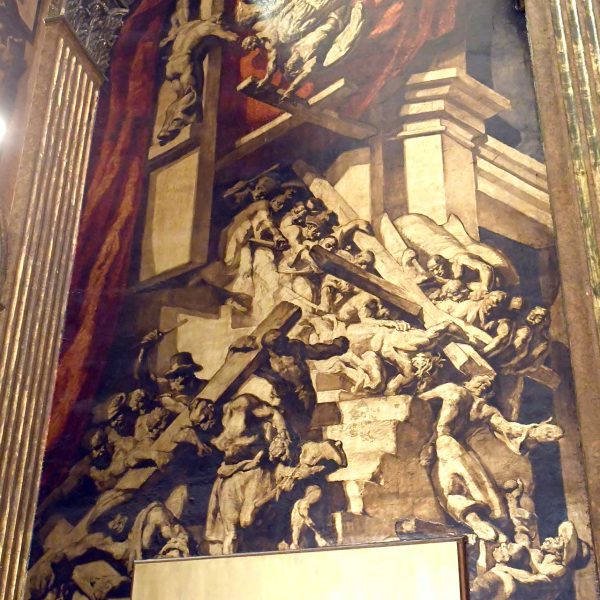 Vic.- Catedral de Sant Pere de l’any 1803 – Porta de l’esquerra on es representa Jesús portant la creu a l’espatlla i als dos lladres amb les seves camí del martiri (1/2026)