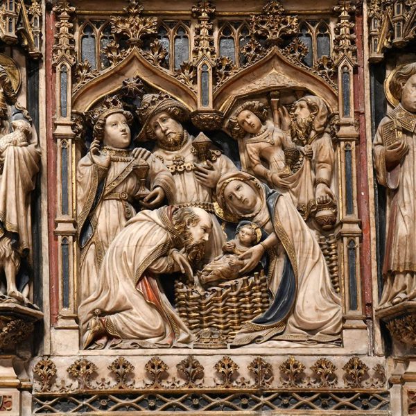 Vic.- Catedral de Sant Pere de l’any 1803 – Antic retaule gòtic d’alabastre de l’altar major de Pere Oller datat entre 1420 i 1427 – Escena de l’Epifania (1/2026)
