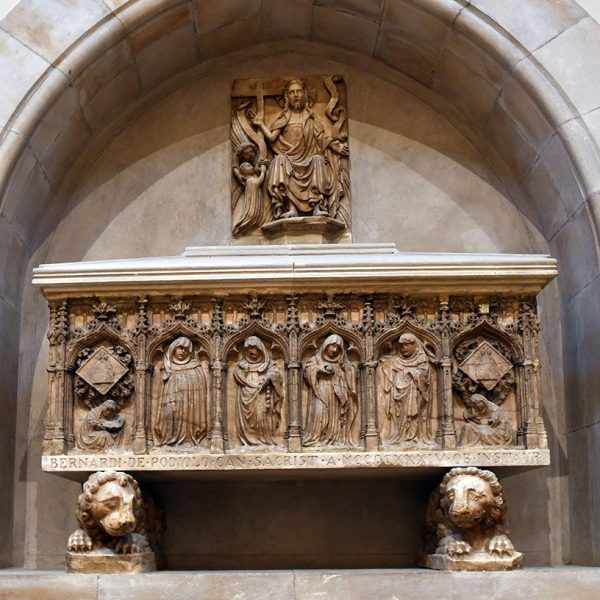 Vic.- Catedral de Sant Pere de l’any 1803 – Sarcòfag del canonge i sagristà Bernat Despujols, S. XIV/XV donant del retaule major també obra de Pere Oller (1/2026)