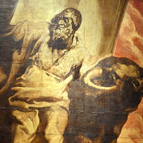 Vic.- Catedral de Sant Pere de l’any 1803 – Detall de la tela de Sant Marc de l’any 1926 exposada al deambulatori (1/2026)